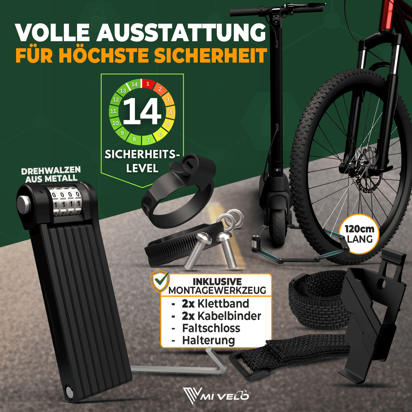MIVELO Fietsslot NEXUS - Met Cijferslot - Extreem Robuust RVS - 120 cm - Zwart