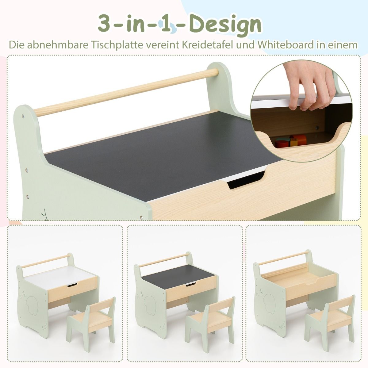 Coast 3-in-1 Kindertafelset - met omkeerbaar tafelblad en verborgen opbergruimte - groen