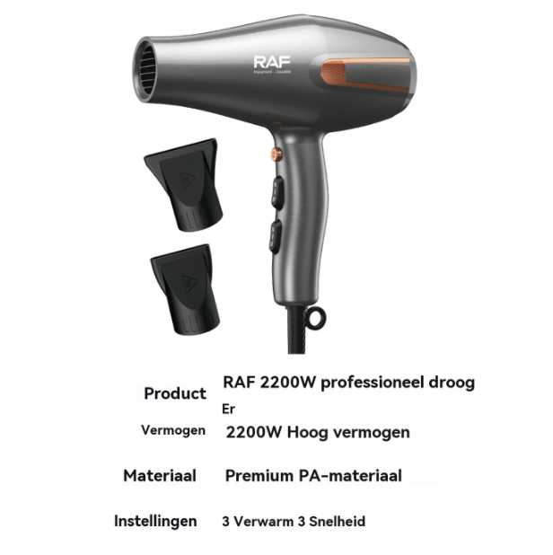 RAF R.4505 Professionele Föhn - Zwart - 2200W - Geluidsarm, Koude Lucht, 2 Blaasmonden