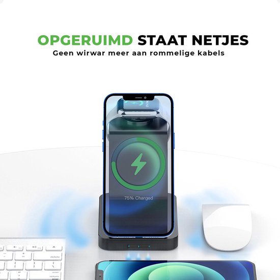 iSETCHI – Draadloze Qi & Magsafe Oplader 3-in-1 – 15 Watt – Zwart Kunststof – Inclusief QC 3.0 Adapter – Voor iPhone, Apple Watch & Airpods – Georganiseerde Werkplek