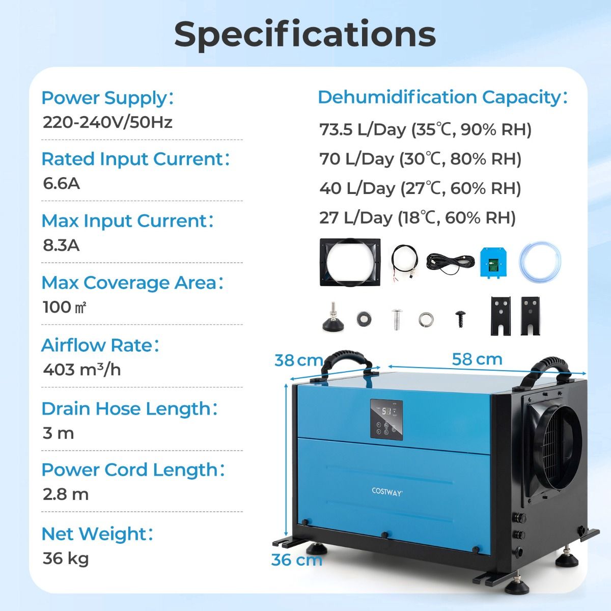Coast Professionele Luchtontvochtiger - 73,5 L per dag - 3 standen - Blauw/Wit