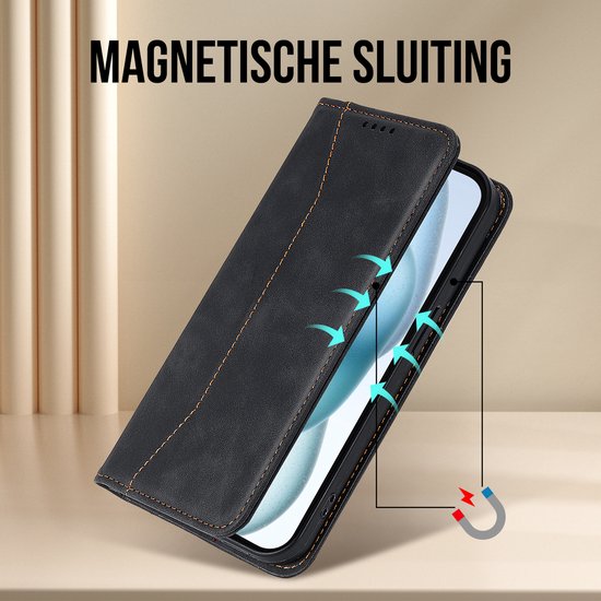Podec Hoesje met Pasjeshouder Geschikt voor iPhone 15 Zwart Telefoonhoesje - Anti-Shock Bookcase Cover met 1x Screenprotector - Wallet Case