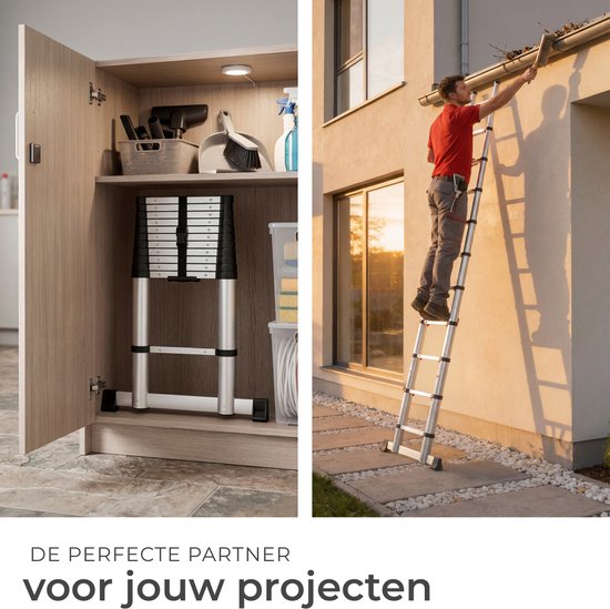 tectake® Telescoopladder met 13 Sporten - Vouwladder - 3,85 Meter - Soft Close - Anti Slip - Uitschuifbare Telescopische Ladder - Trapladder - Lichtgewicht Aluminium Trap - Betrouwbare Vergrendeling
