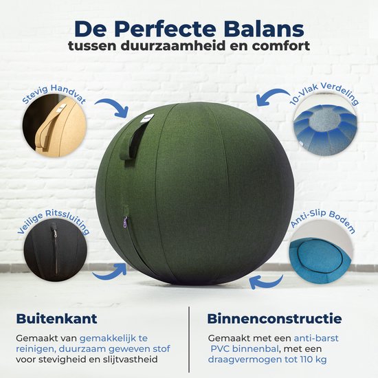 Backerz Zitbal 75 CM - Zitballen met Hoes Linnen - Ergonomische Bureaustoel Kantoor en Thuis - Luxe Yoga Bal - Olijf Groen