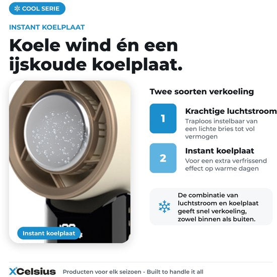XCelsius® Handventilator - Draagbare Mini Ventilator Opvouwbaar - Oplaadbaar met USB-C - 0% tot 100% traploos instelbaar - Met Instant Koelplaat - Beige/Crème