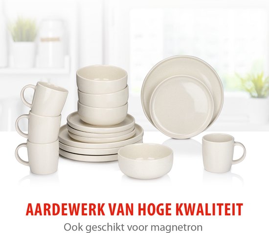 alpina Serviesset 16-Delig - Bordenset 4 Persoons - Aardewerk Servies - Ontbijtborden, Dinerborden, Kommen en Mokken - Magnetron en Vaatwasser Bestendig - Créme