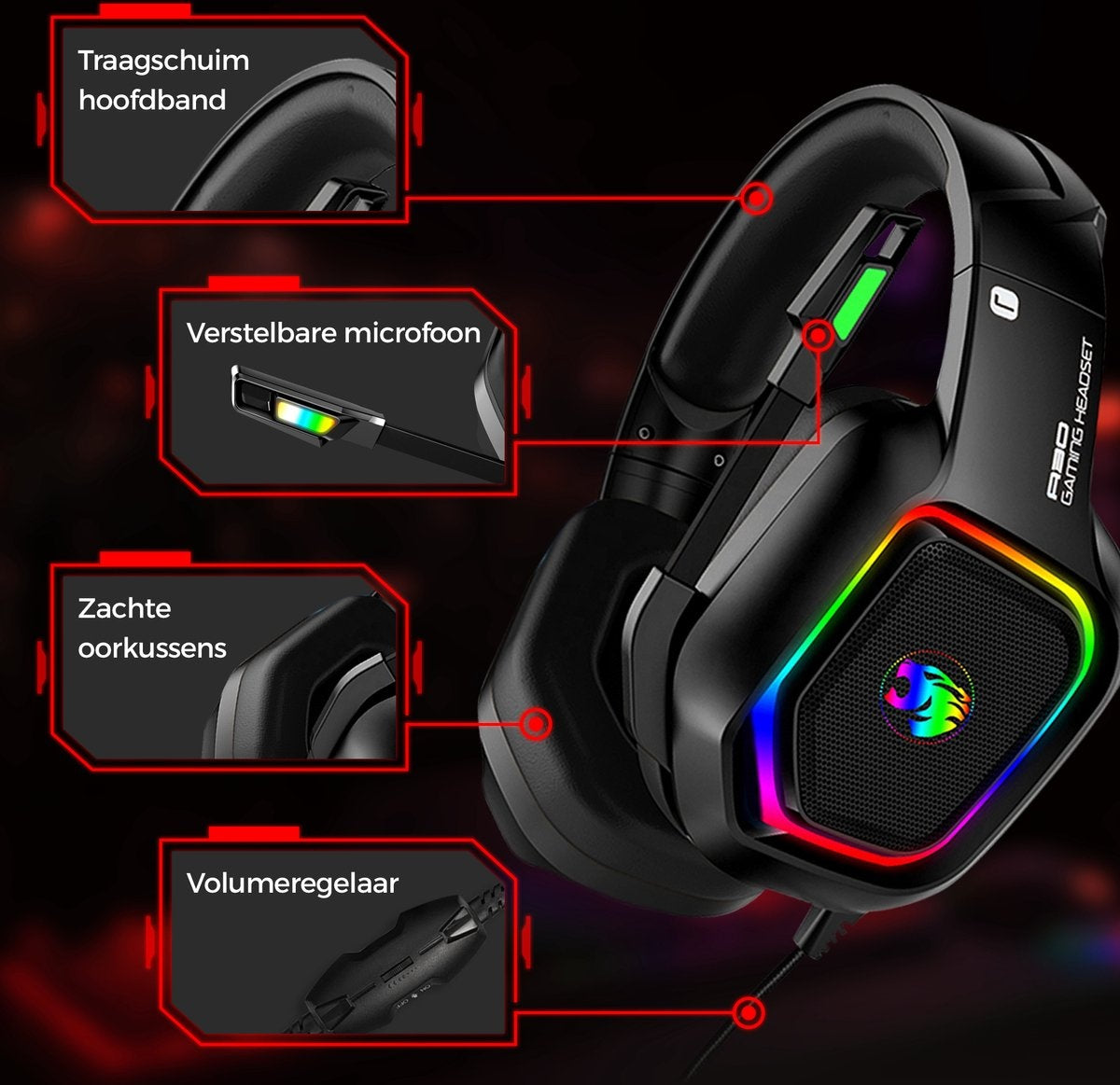 URGOODS Gaming Headset – Virtueel 7.1 Surround Sound  – 1 m kabel – Zwart/RGB
