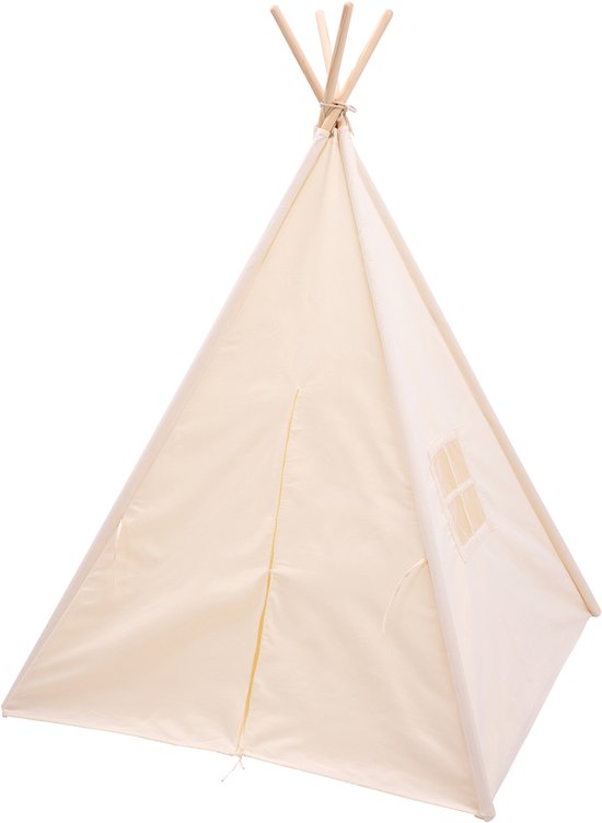 Sunny Vera Tipi Tent Crème voor kinderen – Wigwam Speeltent met raam van katoen – Tipi tent kinderen met Vloermat – 110x110x160cm – Stokken van hout