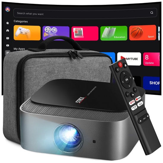 Strex Smart Beamer WiFi - Mini Beamer met Apps (WhaleOS) - 1080P Full HD Projector - 4K Ondersteuning - Bluetooth en Ingebouwde Speakers - Inclusief Opbergtas & Projectiescherm