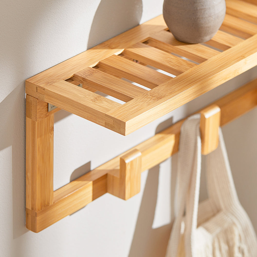 SoBuy FHK06-N Kapstok met Wandplank - 6 Haken - 90x12,5x16,5 cm - Bamboe