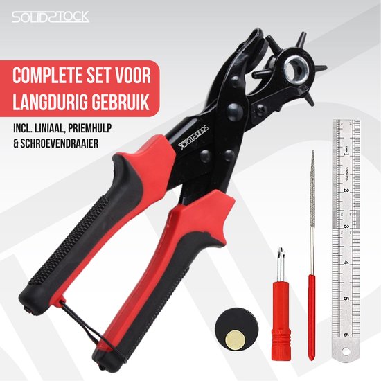 SolidStock Gaatjestang voor riem - met Meetlat - Ponstang - Revolvertang - Gatentang - Rood