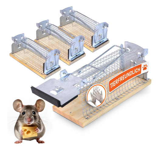 Rapizz Levende Muizenval Set van 4 - Hout - 15,4 x 6,3 x 7,4 cm - Inclusief Hygiënehandschoen