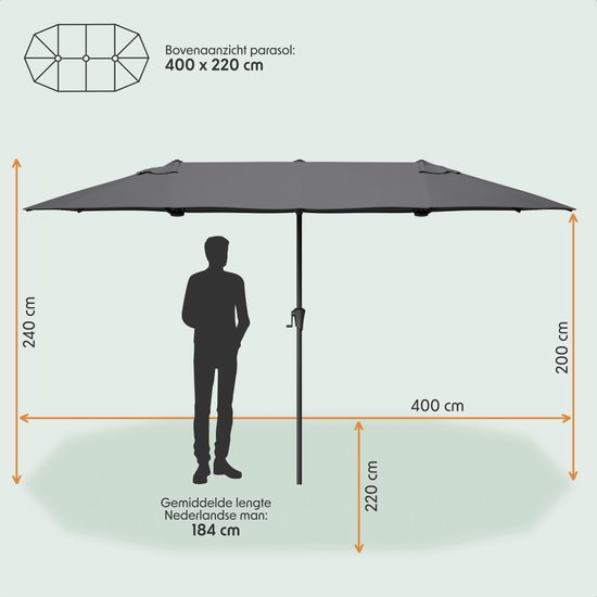 LifeGoods Dubbele Parasol - Tuin - 220x400cm - tot 8 Personen - Waterdicht - UPF50+ - Donkergrijs