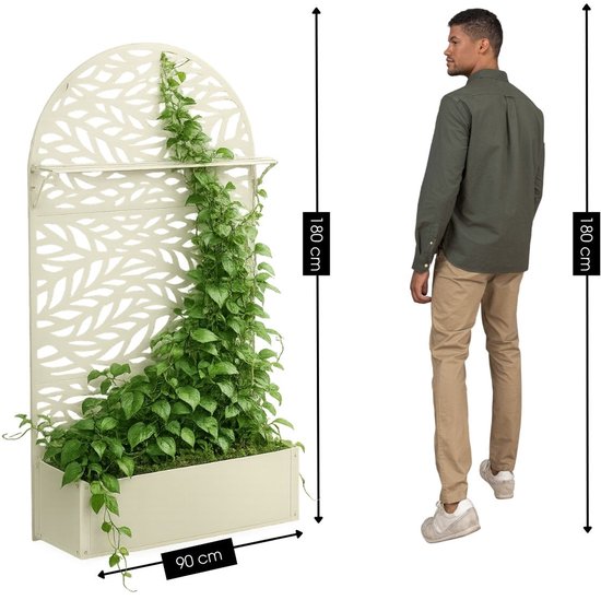 Mica Decorations Sapri Plantensteun - Plantenbak met Klimrek voor Klimplanten - Plantenstandaard Vrijstaand of tegen Muur - 90 x 33 x 180 cm - Off White
