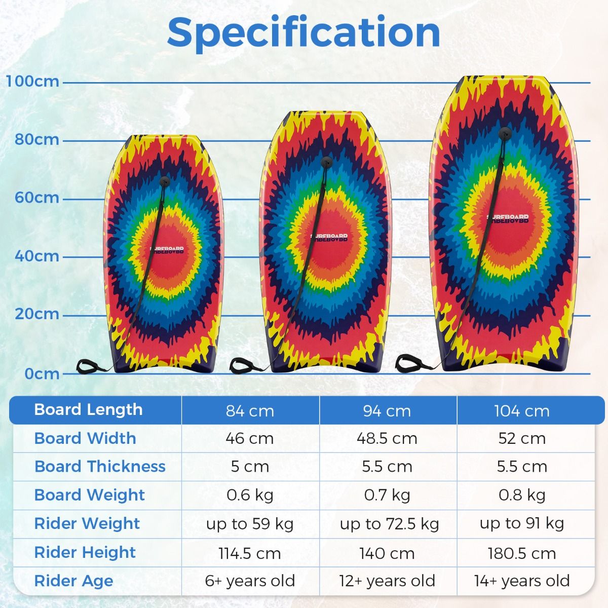 Coast Bodyboard - lichtgewicht - halvemaanvormige achterkant - met polsband - 104 cm