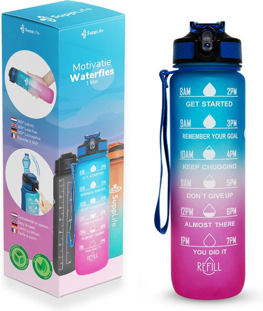 Supplife Bidon - 1 Liter - met Rietje - Motivatie - Sportbidon - BPA Vrij - Blauw Roze