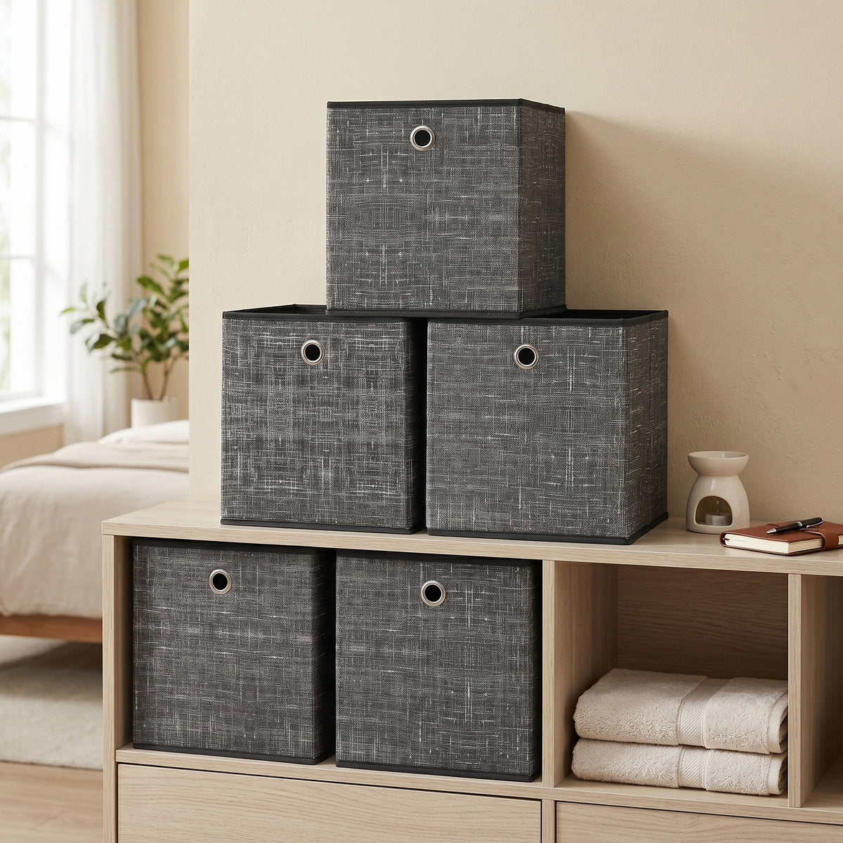 JOYFURNOS kubusopbergers, opvouwbare stoffen opbergboxen met handgrepen, set van 6, voor planken, kleding, zwart