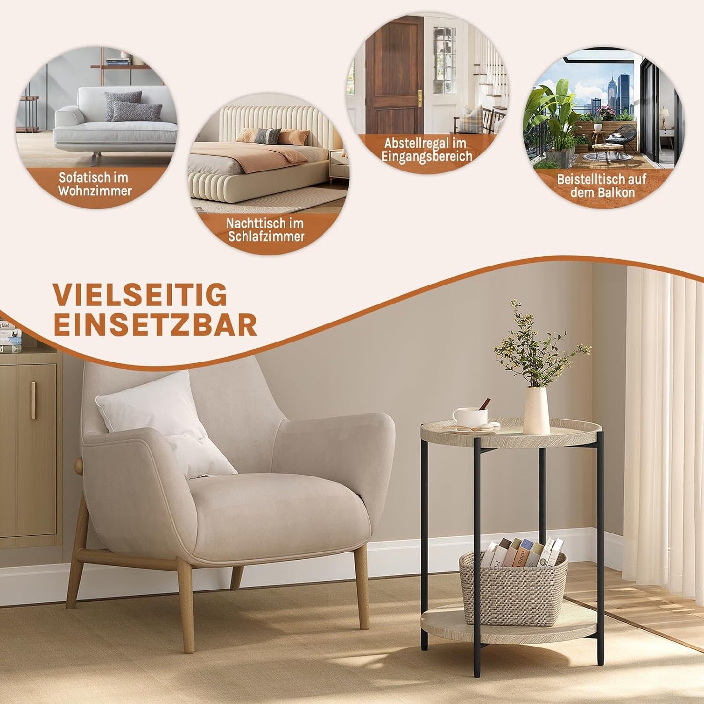 WOLTU Bijzettafel Rond - Licht Eiken - 2 Planken