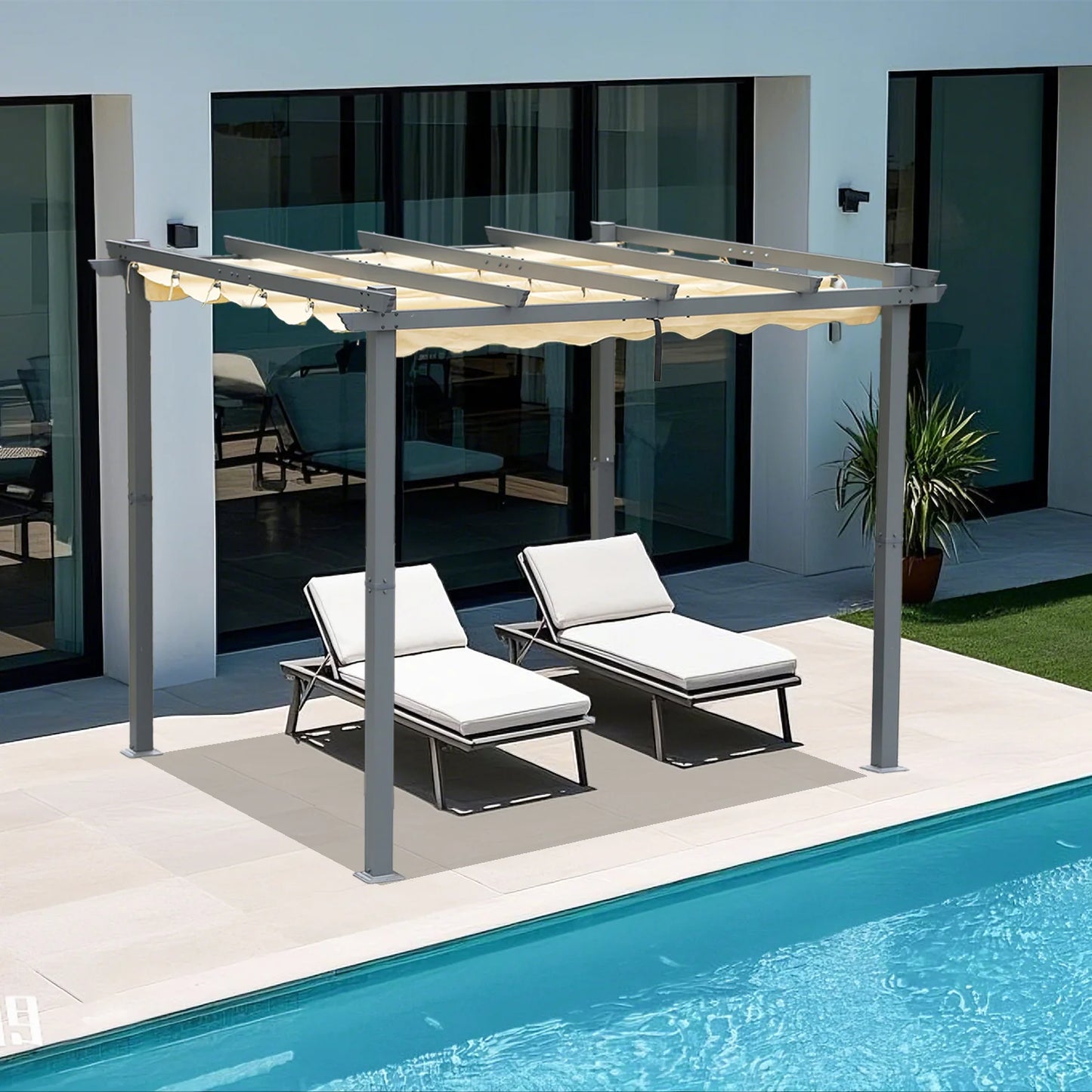 Angel Living Aluminium Pergola 3×4 m Beige – Verstelbaar Polyesterdak, Stalen Dakbuizen, Poedercoating