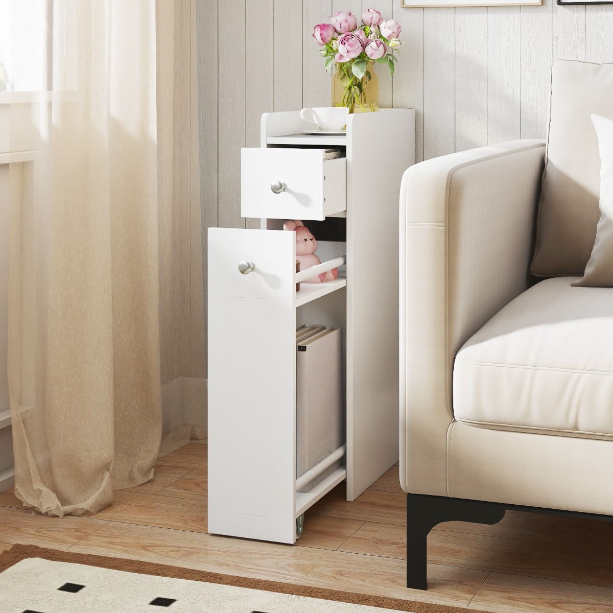 Coast Badkamerkast Smal - 4 niveaus - Uitschuifbare lades op wieltjes - Wit 40 x 18 x 70 cm