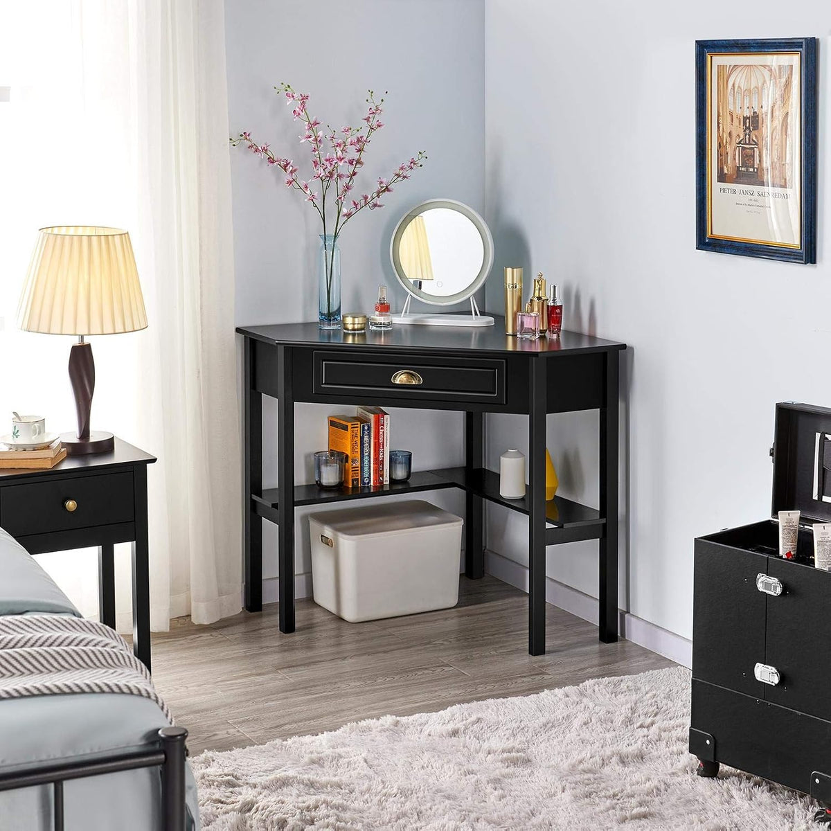 Yaheetech Hoekbureau 106 × 71,5 × 77 cm – met lade en legplanken, zwart