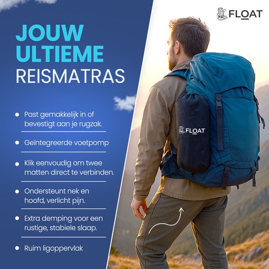 FLOAT Nomadic - 1 Persoons slaapmatje met voetpomp en kliksysteem - Stevig en licht Luchtbed voor de camping - 195x66x12 cm luchtmatras - Zelfopblazende slaapmat - Zwart