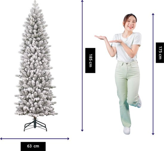 Black Box Trees Harma Slim Kerstboom met Sneeuw en Scharnierconstructie voor Snelle Montage - Kunstboom voor Kleine Ruimtes - Kerstversiering voor Binnenshuis - H185 x Ø63 cm - Groen Frosted