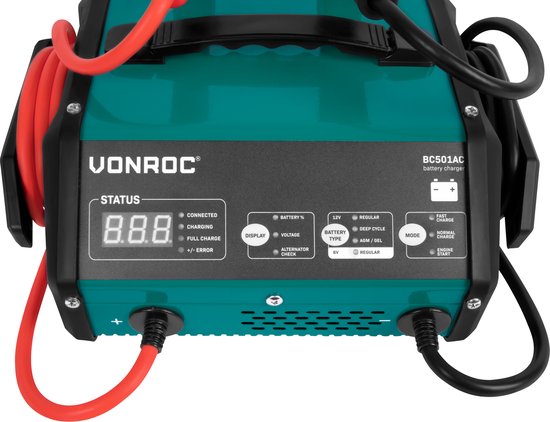VONROC Acculader met jump starter – Max. 15A – Voor loodzuuraccu’s van 6V of 12V