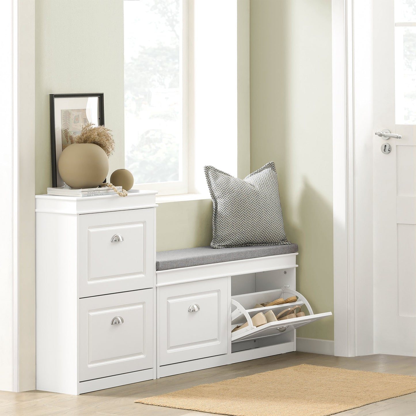 SoBuy Schoenenkast met Zitkussen en Kleppen – Smalle Schoenenbank voor de Hal – Wit – 104 x 24 x 51 cm