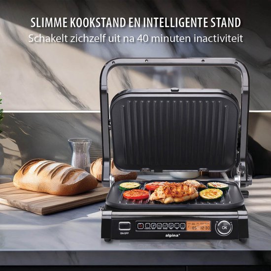 alpina Contactgrill 2100W - Tosti Apparaat met 7 Grill Standen - Tafelgrill met Uitneembare Platen - Panini Grill 37,6 x 33,1 cm - Anti-Aanbaklaag - RVS/Aluminium