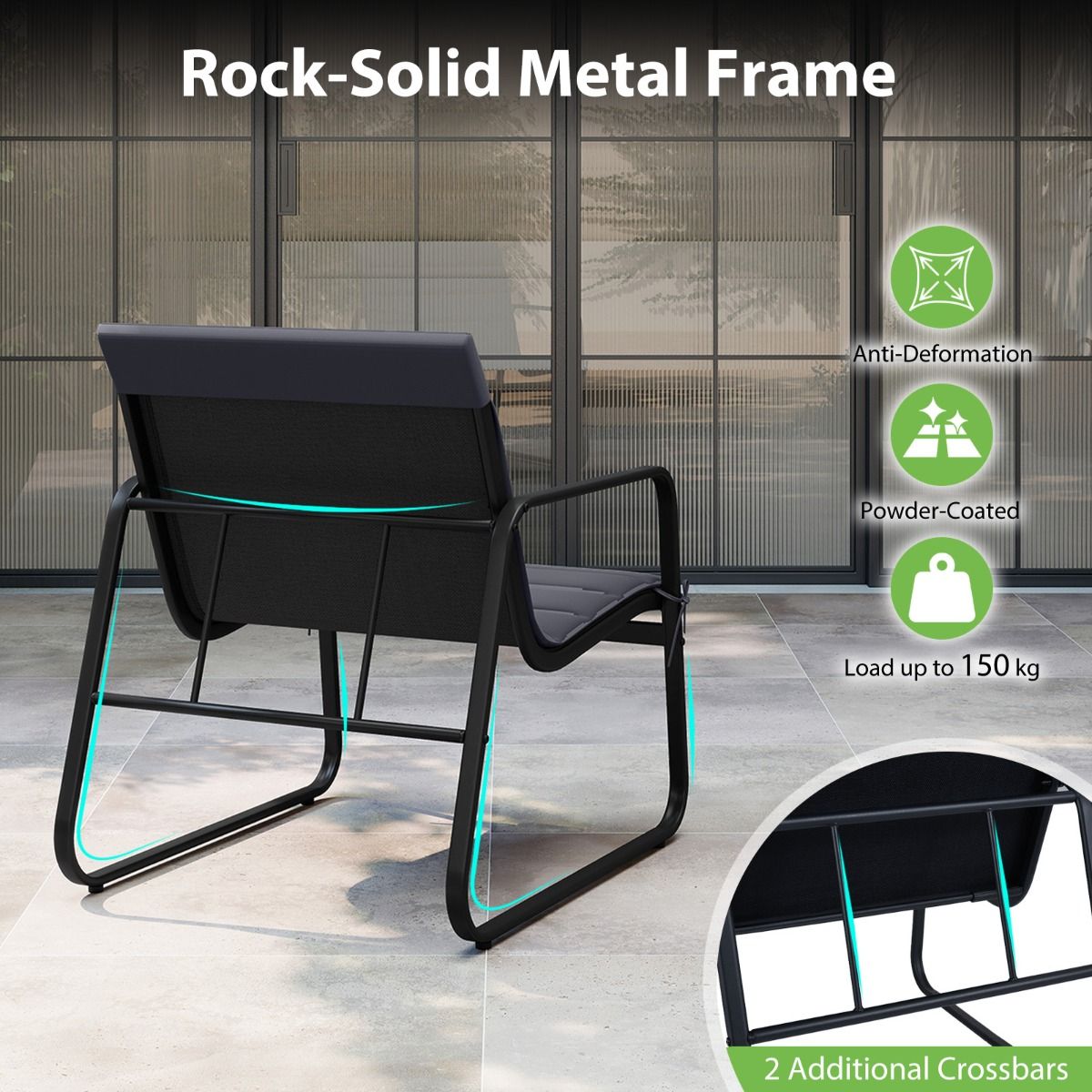 Coast 3-delige tuinset - buitenstoelen met afneembare kussens - bijzettafel met gehard glas - grijs en zwart