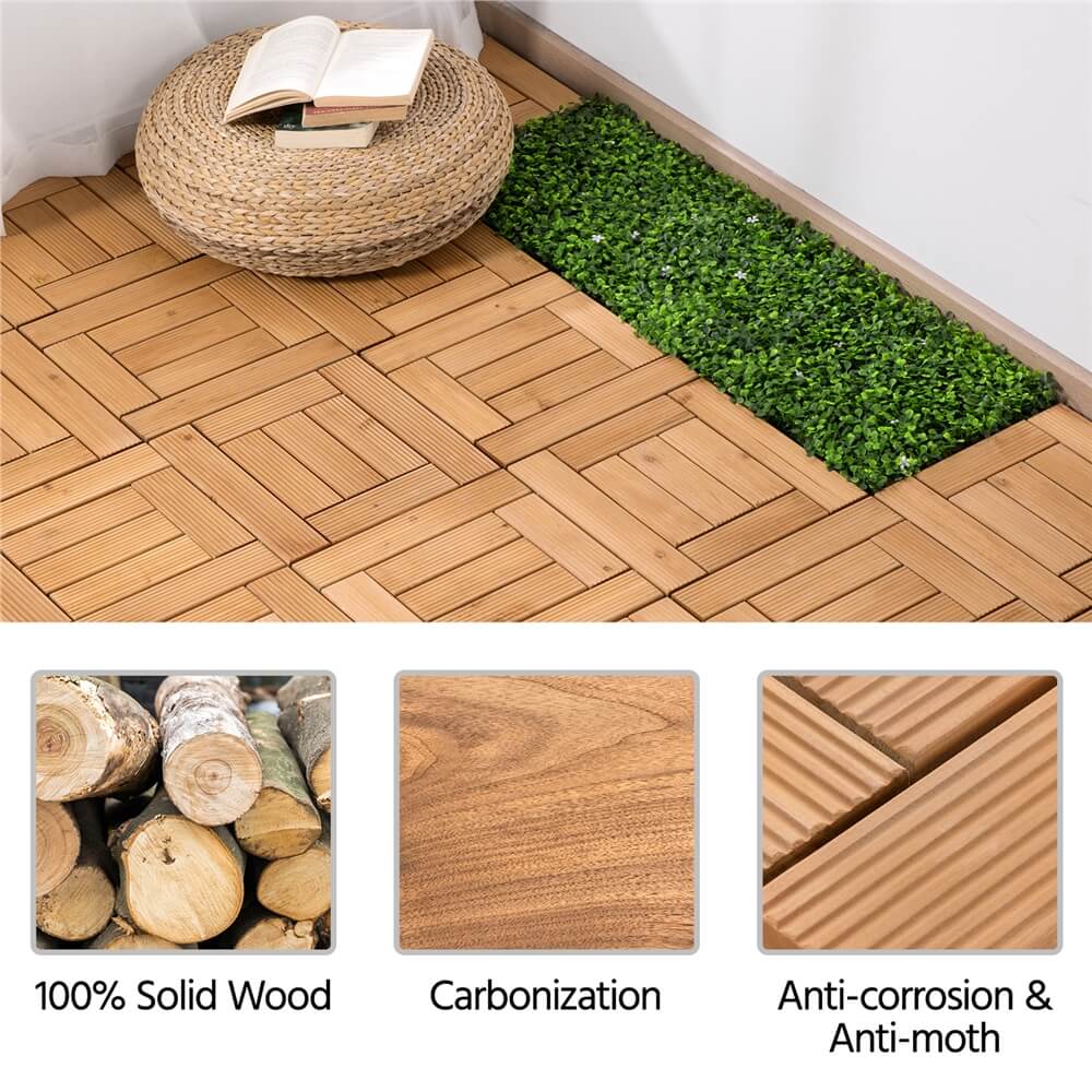 Yaheetech Houten Terrastegels Set van 27 - Dennenhout - 30,5 x 30,5 cm - Inkliksysteem - Antislip - Voor Binnen en Buiten