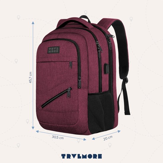 TRVLMORE Rugzak met Levenslange - Rugtas met 15,6 Inch Laptopvak - Schooltas - Spatwaterdicht - Heren en Dames - Jongens en Meisjes - 28L - Burgundy
