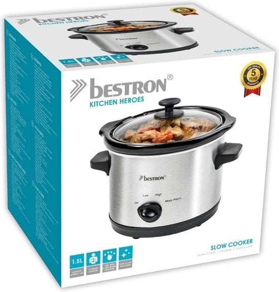 Bestron Slowcooker, met 3 programma's, keramische pan & glazen deksel, voor 2 Personen, 1,5L capaciteit, vatwasserveilig, 120 Watt, kleur: zilver