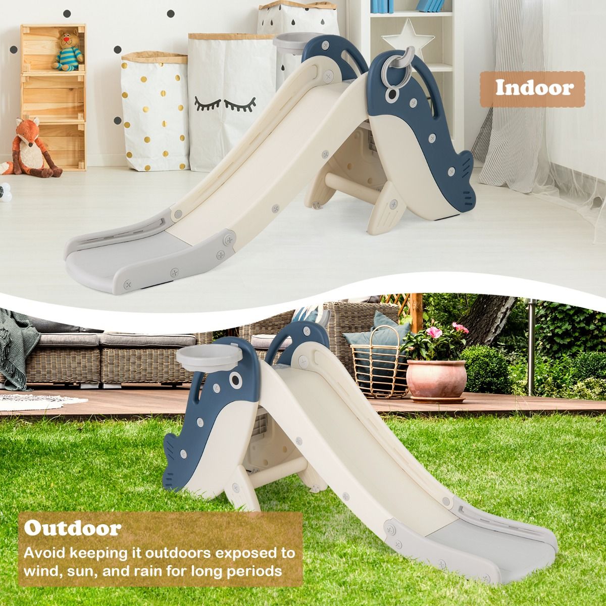 Coast Kinderglijbaan met Basketbalring en Ringwerpspel - Opvouwbare Speelset - Walvisontwerp - Blauw