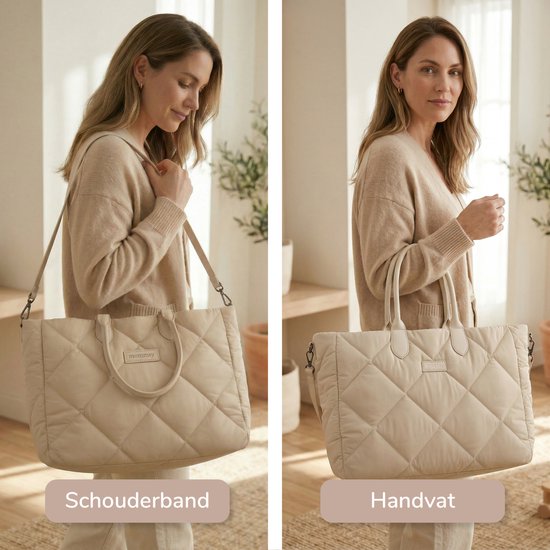 Mommsy Luiertas – Verzorgingstas – Mom Bag – Thermo Vak – Gewatteerde Puffer Stof – Mommy Bag – Extra Ruim – Waterafstotend – Organizer – Lichtgewicht– Beige