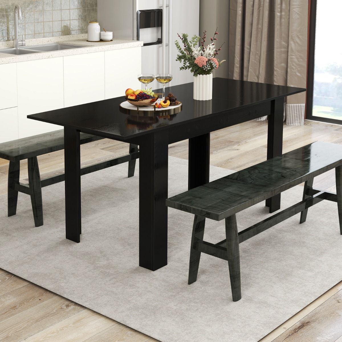 Coast Uitschuifbare Eettafel - Verstelbaar tafelblad - L-vormige poten - Zwart - 158 x 70 x 76 cm