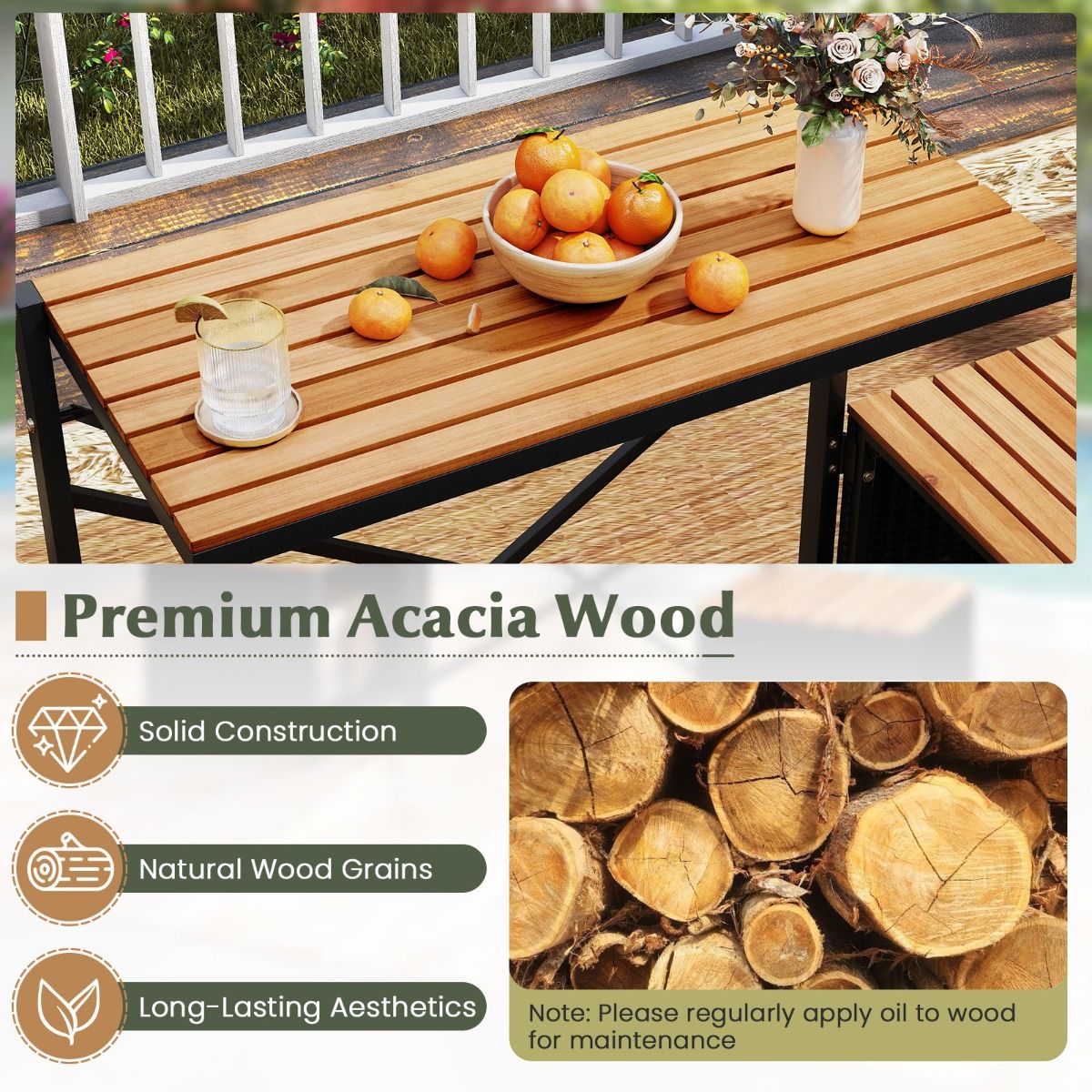 Coast 2-in-1 tuinbank en picknicktafel - omvormbaar balkonmeubel - met opbergruimte - zwart/naturel