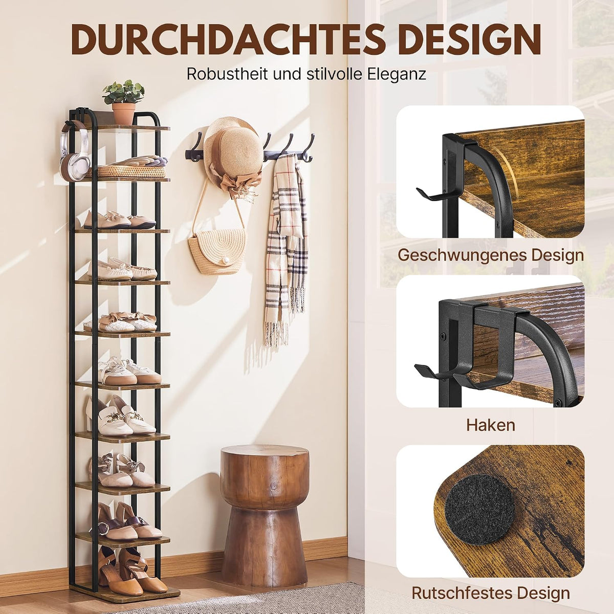Yaheetech Smal Schoenenrek met 10 Etages - 26,5 x 30 x 162 cm - Met Haakjes - Vintage Hout en Metaal - Rustiek Bruin