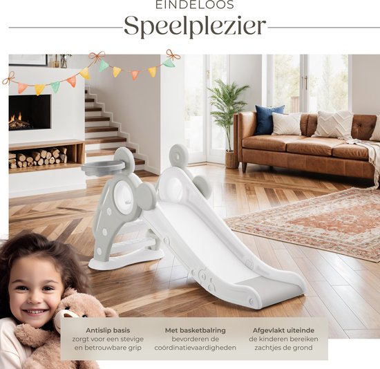 tectake® Kinderglijbaan - Glijbaan Peuter - Vanaf 2 jaar - Met basketbalring - Opvouwbaar - 128 x 66,5 x 67,5 cm - Voor binnen en buiten - Grijs