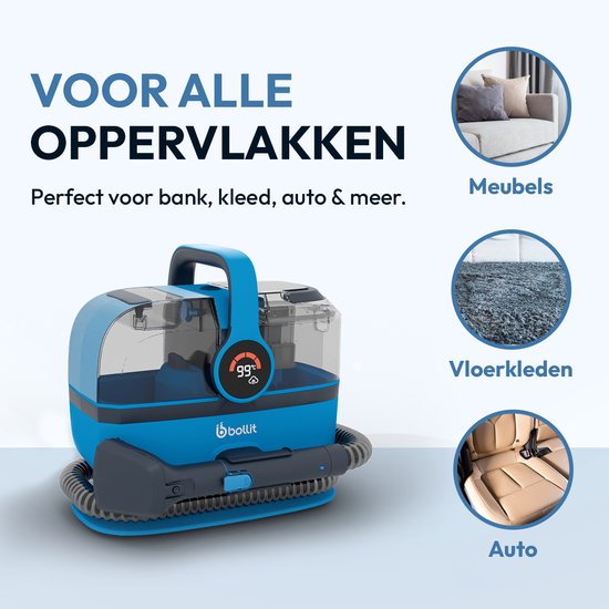 BOLLIT 4-in-1 Tapijtreiniger XL 1800W Ultra - Stoomreiniger en Vlekkenreiniger - 100° Stoom - Bankreiniger - Meubelreiniger - Handstomer - Matrasreiniger - Zetelreiniger - Reiniger voor auto, bank, vloer, en tapijt (V6 Azure Blauw)