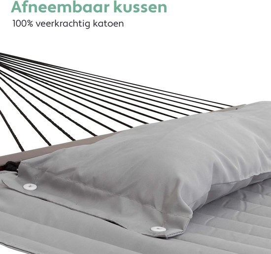 Vita5 Hangmat met Standaard en Spreidstok – 2 Persoons – incl. Bekerhouder - Afneembaar kussen – uv-bestendig – Lichtgrijs