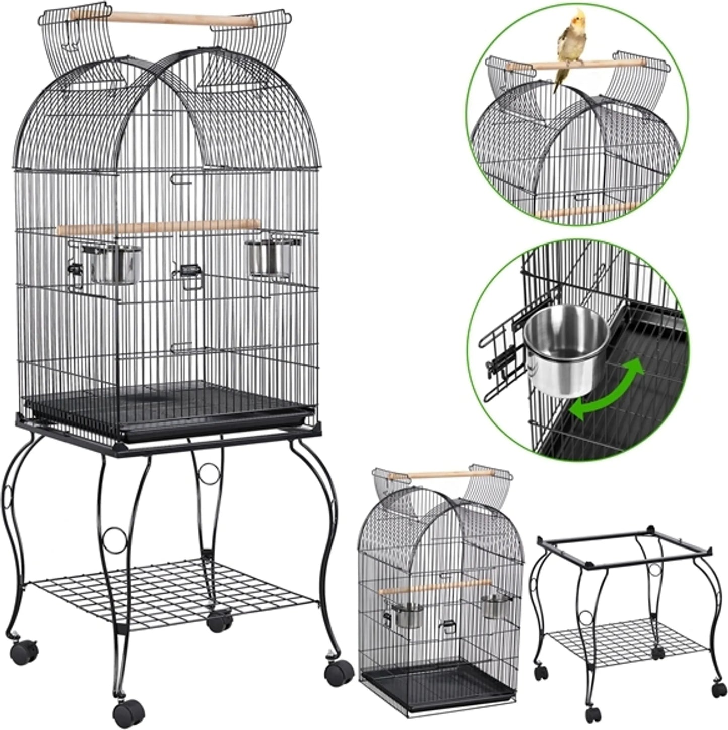 Yaheetech Vogelkooi - Parkieten en Papegaaien - 59,5x59,5x150 cm - Verrijdbaar - Afneembare Standaard - Zitstokken - Zwart