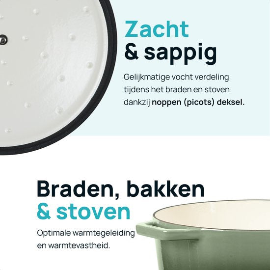 MOA Gietijzeren Braadpan - 7,2L - Voor Alle Warmtebronnen incl. Inductie - Met Deksel - Ø 30cm - Anti-Aanbaklaag - Groen