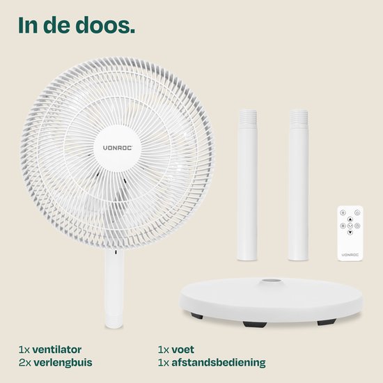 VONROC Vloerventilator - 3 snelheden – incl. afstandsbediening - timer - verstelbaar in 3 hoogtes - wit