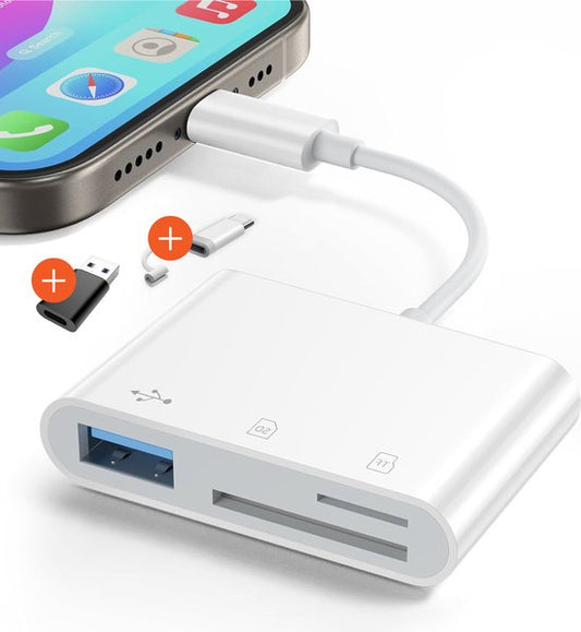 Skoov SD Kaart Lezer - Card Reader voor iPhone en USB-C - Micro SD en SD Kaartlezer - Lightning Adapter - Geheugenkaartlezer - SD en Micro SD Reader - USB naar USB C