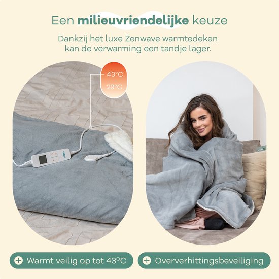 Zenwave Elektrische Deken 180x130cm - Wasmachinebestendige Omslagdeken Grijs - 10 standen Warmtedeken - Ultra Zachte Fleece Warmte Plaid - Elektrische Bovendeken - Kamperen & Outdoor - 1 Persoons