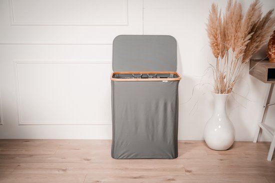 Dymac Wasmand 145 Liter | 3 Compartimenten | Bamboe Wassorteerder | Met 3 uitneembare waszakken | Wasmand 3 vakken | Wasmand met deksel | Grijs