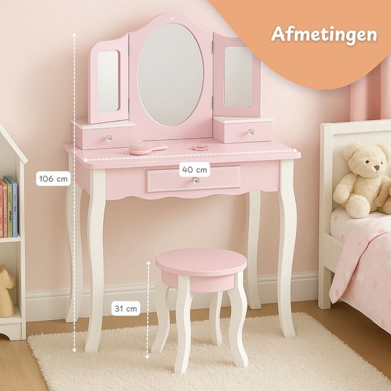 Maxx Kidz Kaptafel Kind met Spiegel - Roze Houten Kinder Make Up Tafel met Krukje - Schminktafel voor Kinderen - Meisjes Speelgoed vanaf 3 jaar