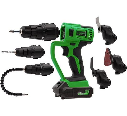Hammersmith MultiTool Set - 18V - roterend en oscillerend Accu-Multitool - boor, snijden, zagen, schaven en schuren - grote accessoireset en koffer
